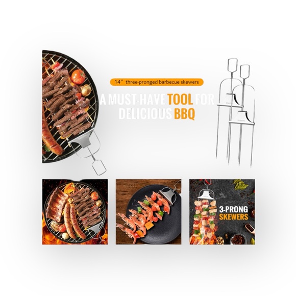 new PFIEIFPO ミ Grilling Savant 3 Prong BBQ Skewers ミ Set of 3 ミ Stainless Steel - Picture 3 of 16